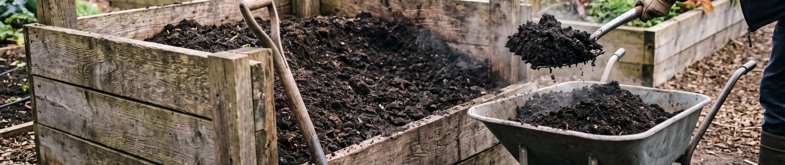 Dark, crumbly finished compost being turned out of a homemade wooden compost bay