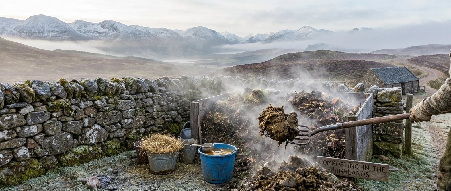 A steaming compost heap on a mountainside with fresh manure being forked into the centre and a diluted urine feed bucket beside it