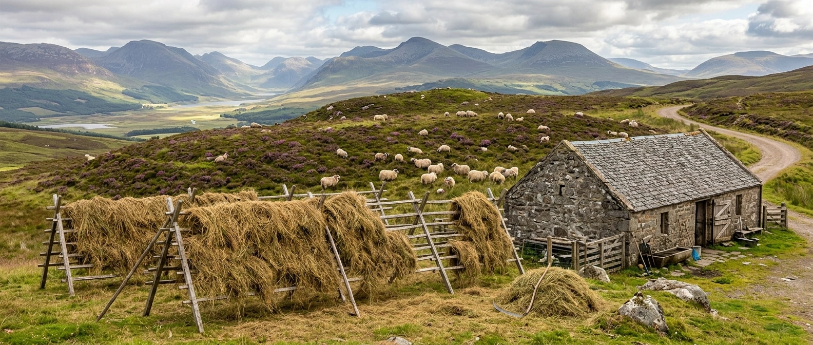 A scythed alpine hay meadow drying on wooden racks with a stone byre and grazing cattle on the terraced slope behind