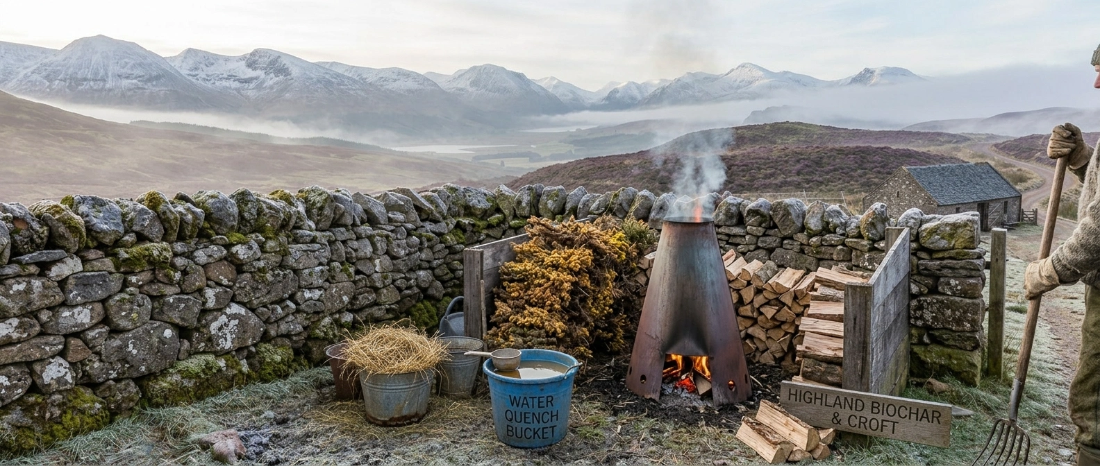 A small controlled biochar burn in a metal cone kiln on rocky mountain ground, dried scrub wood stacked beside it and a water quench bucket ready nearby