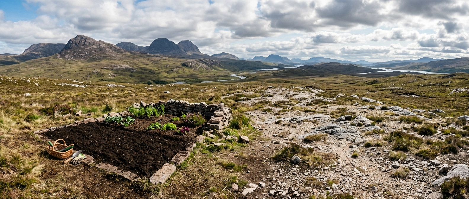 A small patch of dark, improved mountain garden soil beside the thin, pale, rocky ground typical of the surrounding high terrain