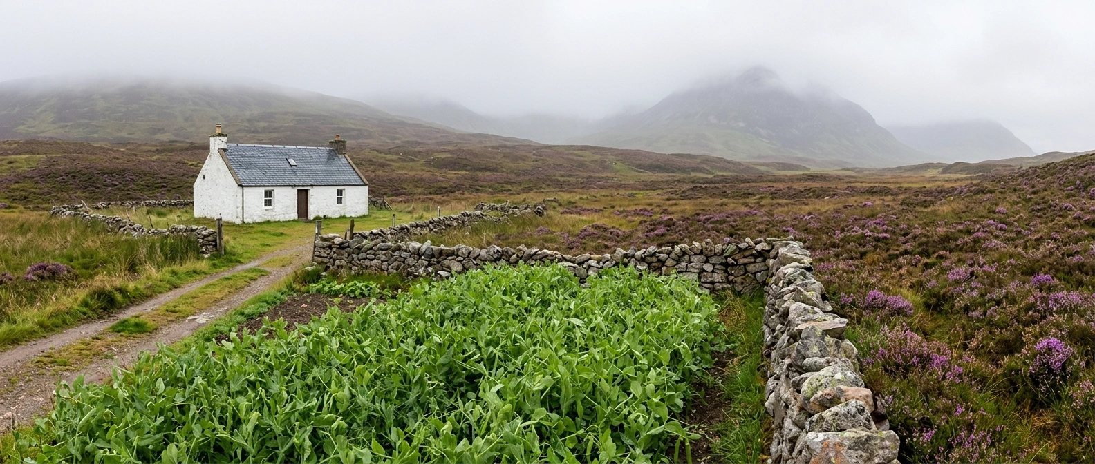 A short-season field pea cover crop growing in a mountain plot, snow-capped peaks visible in the background