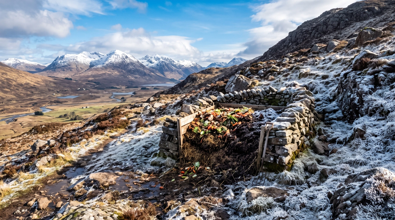 A stone-walled, partly-sunken compost bin on a terraced mountainside, frost on the ground despite bright midday sun
