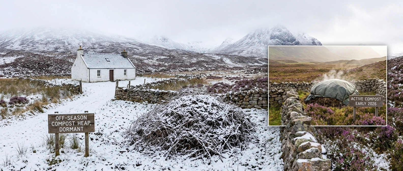 A mountain compost heap dormant under a light snow cover in the off-season, with an active covered heap earlier in the same year