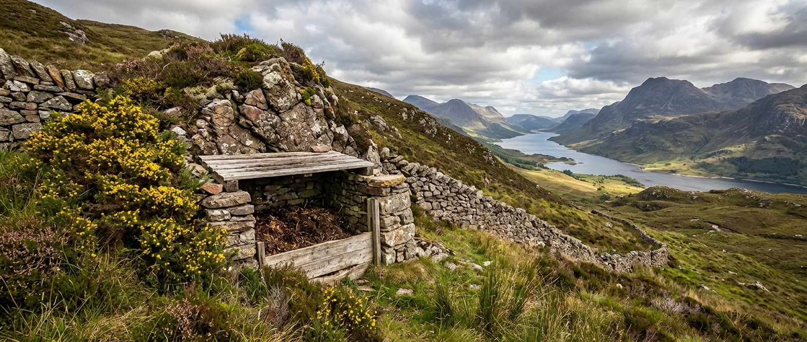 A partly-sunken stone compost bin built into a rock outcrop on a steep mountainside, sheltered from the prevailing wind