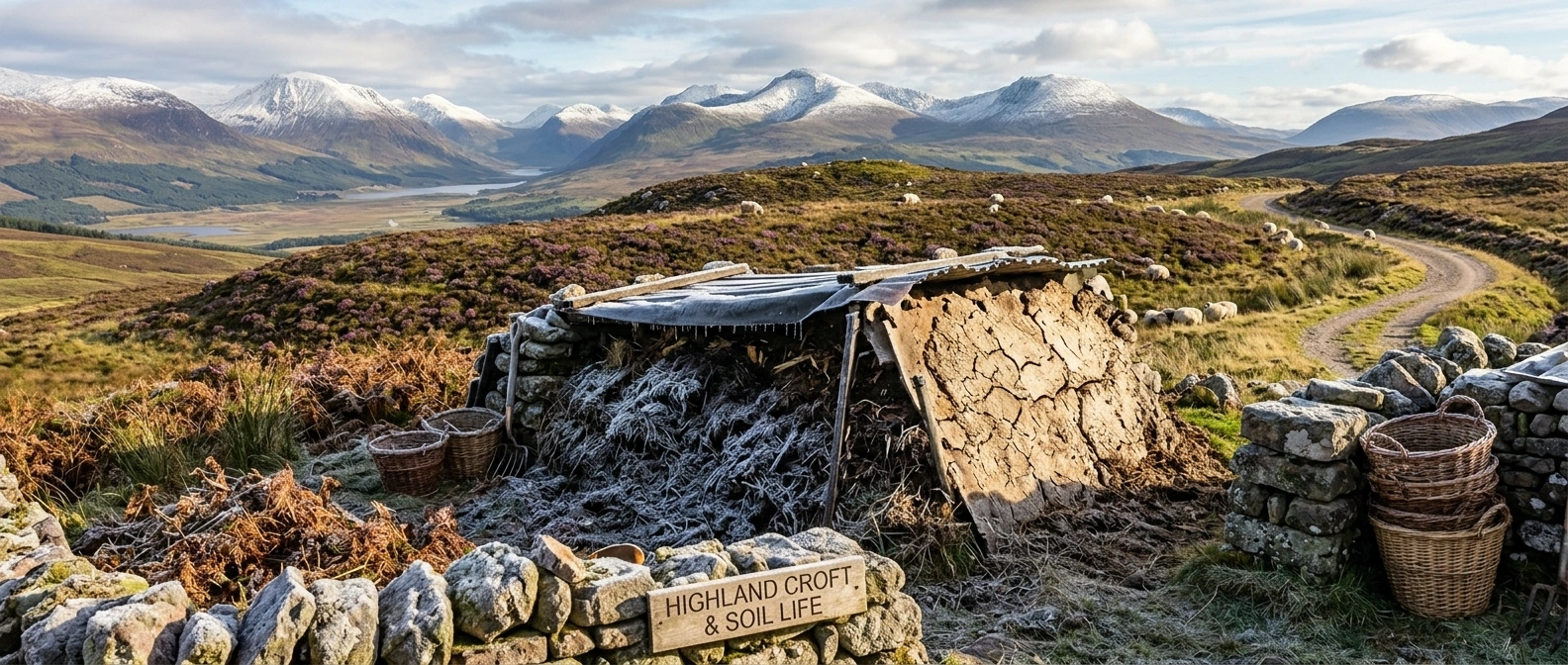 A small, wind-sheltered compost heap on a mountainside with frost on the shaded side and a dry, sun-crusted surface on the exposed side