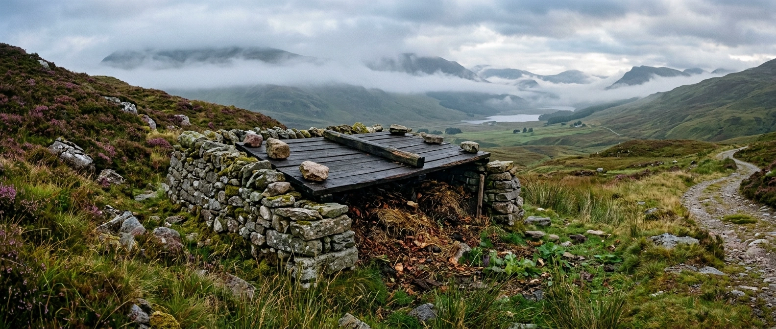 A dry-stone terraced compost enclosure built into a mountainside, thick stone walls on the windward side and a heavy weighted timber lid