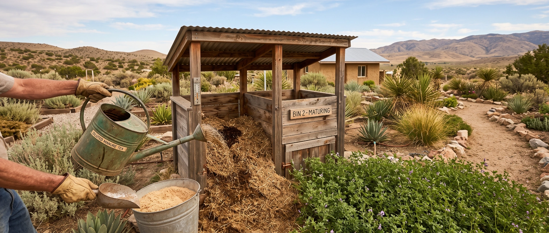 A watering can of diluted manure tea being poured over a dry compost heap beside an alfalfa patch