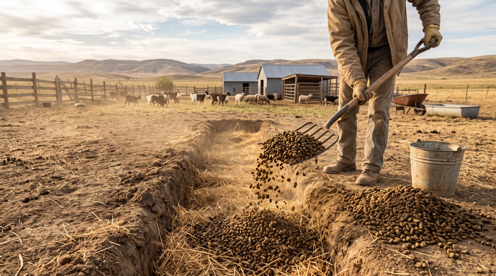Dry pellet-like goat and sheep manure being forked into a straw-lined compost trench in a dusty pastoral yard