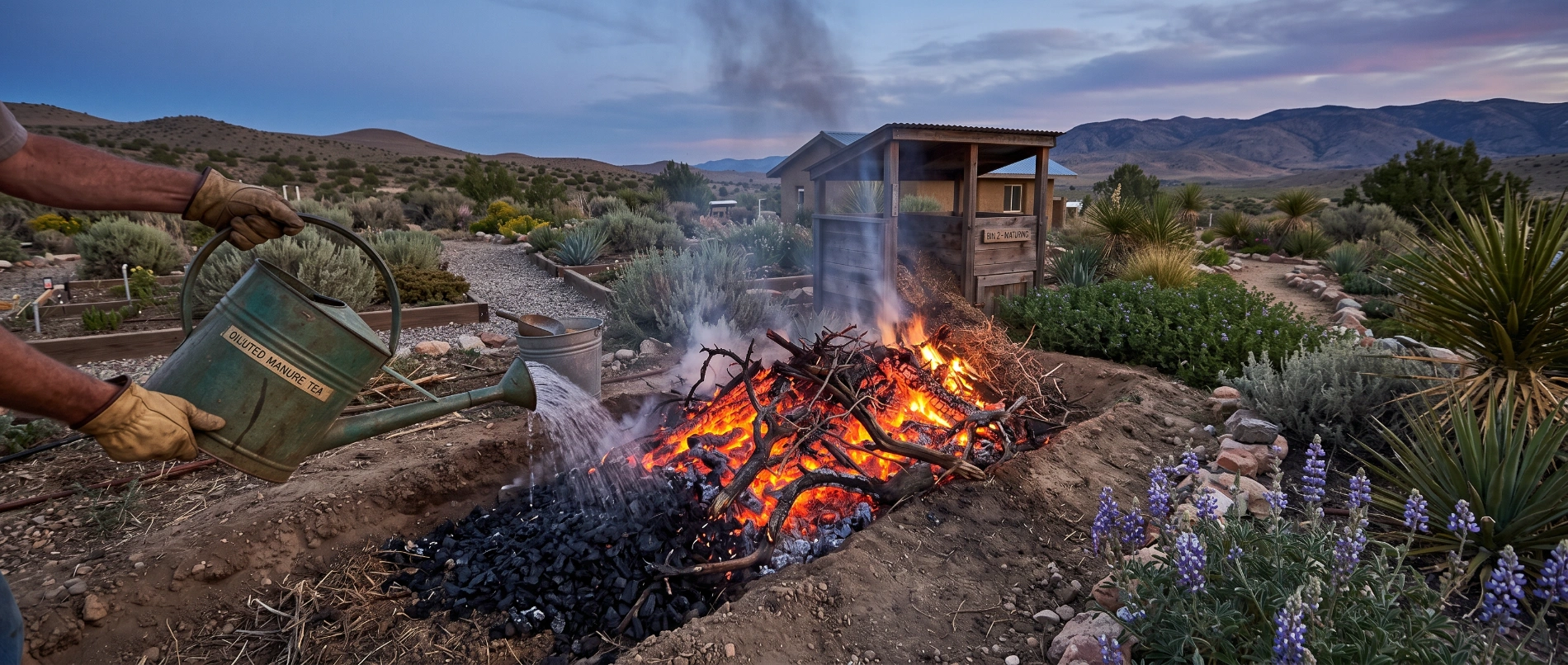Glowing coals of dry thorny scrub and woody prunings being quenched with water in a shallow desert-garden trench to make biochar