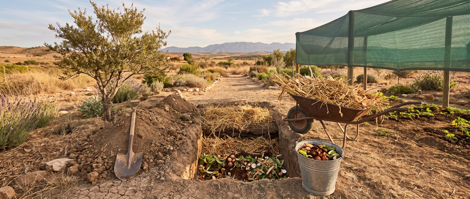 A wheelbarrow of dry straw and crop stalks beside a much smaller bucket of fresh manure and kitchen scraps at the edge of a compost pit