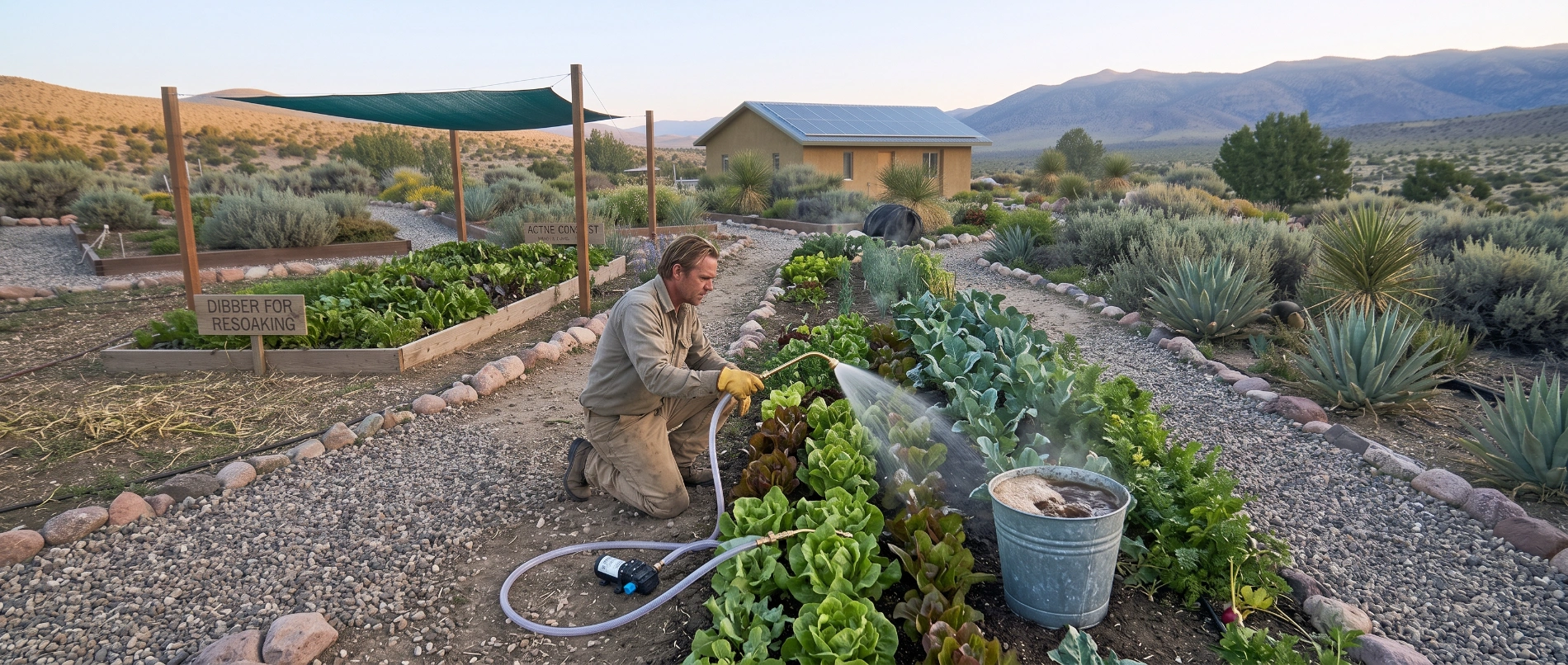 A bucket of steeping compost tea being watered onto the root zone of vegetable plants in the cool of morning