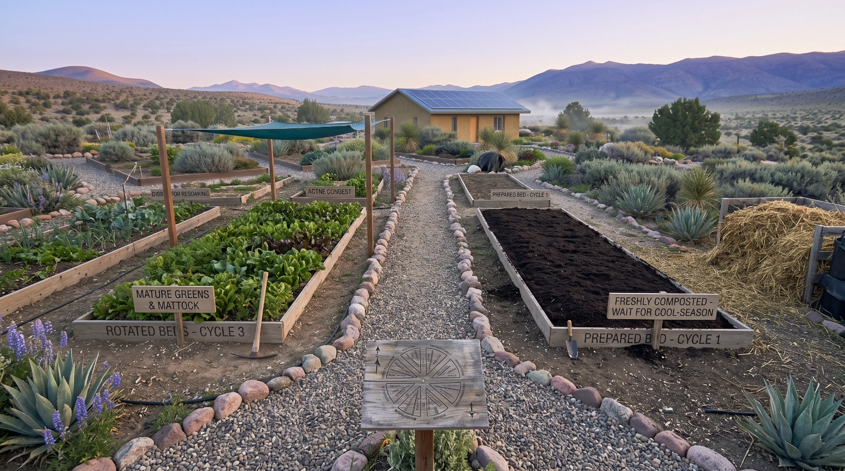 Rotated vegetable beds in a dryland garden, one freshly composted ahead of the cool-season planting window