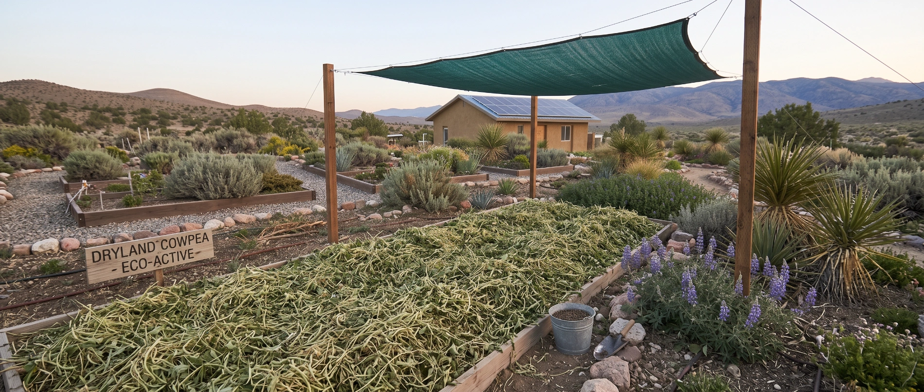 A dryland garden bed with drought-tolerant cowpea green manure cut and dropped as surface mulch