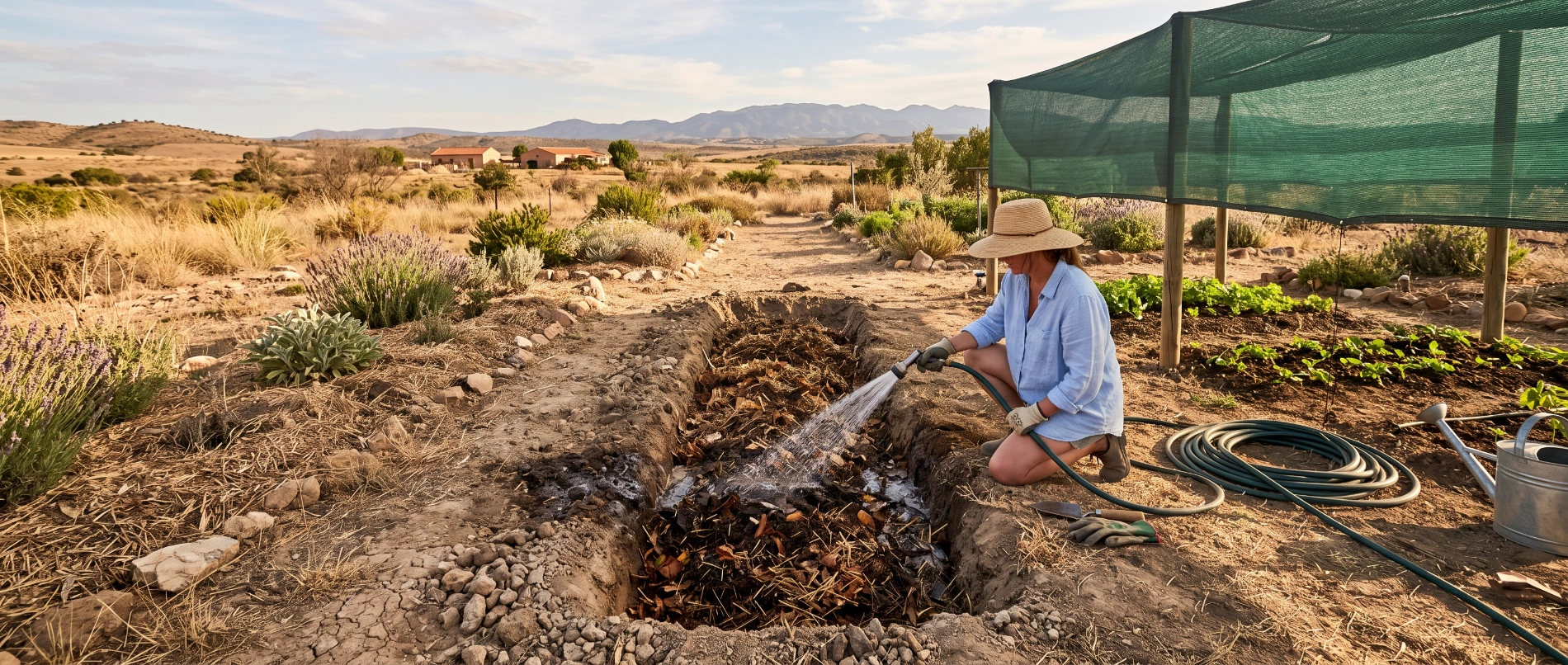 A sunken compost trench being watered in a dry, sun-baked garden with shade cloth nearby