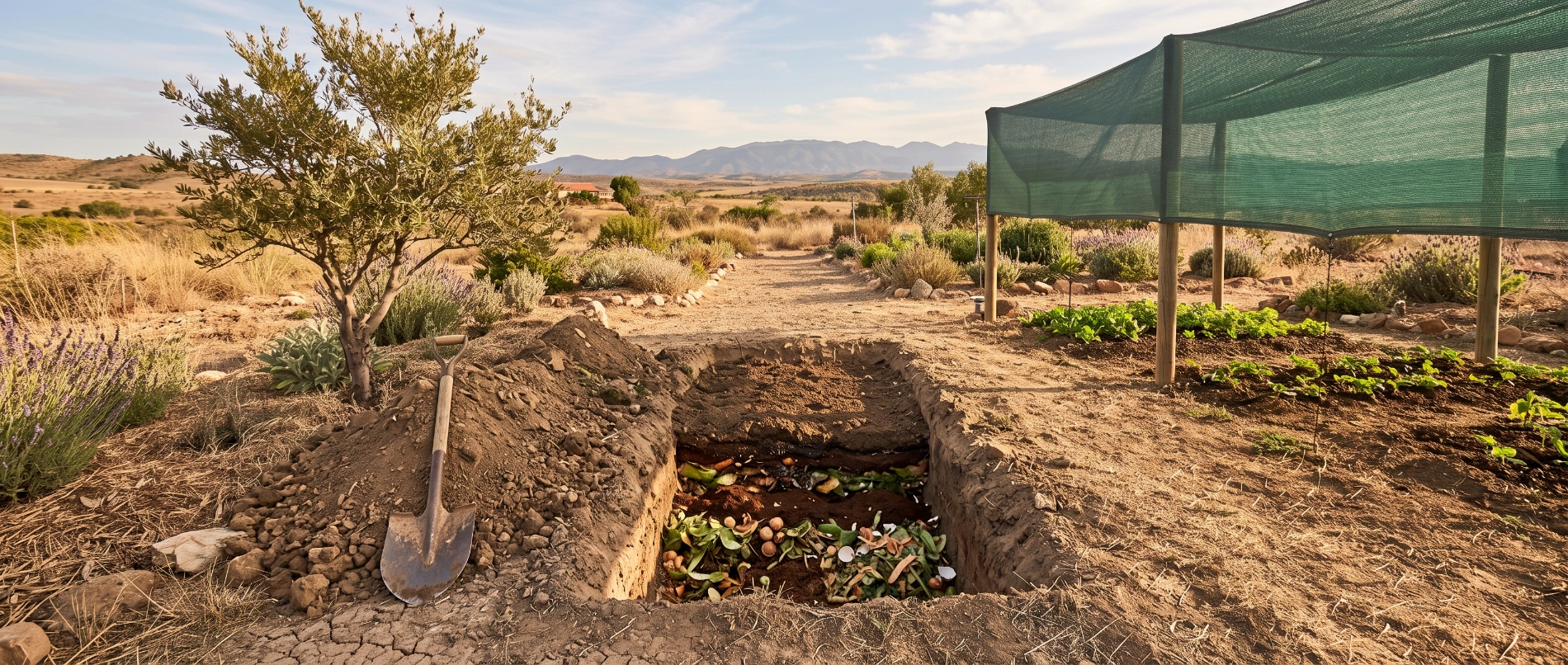An open earth trench partway filled with layered kitchen scraps and soil, with a spade resting against the mounded edge