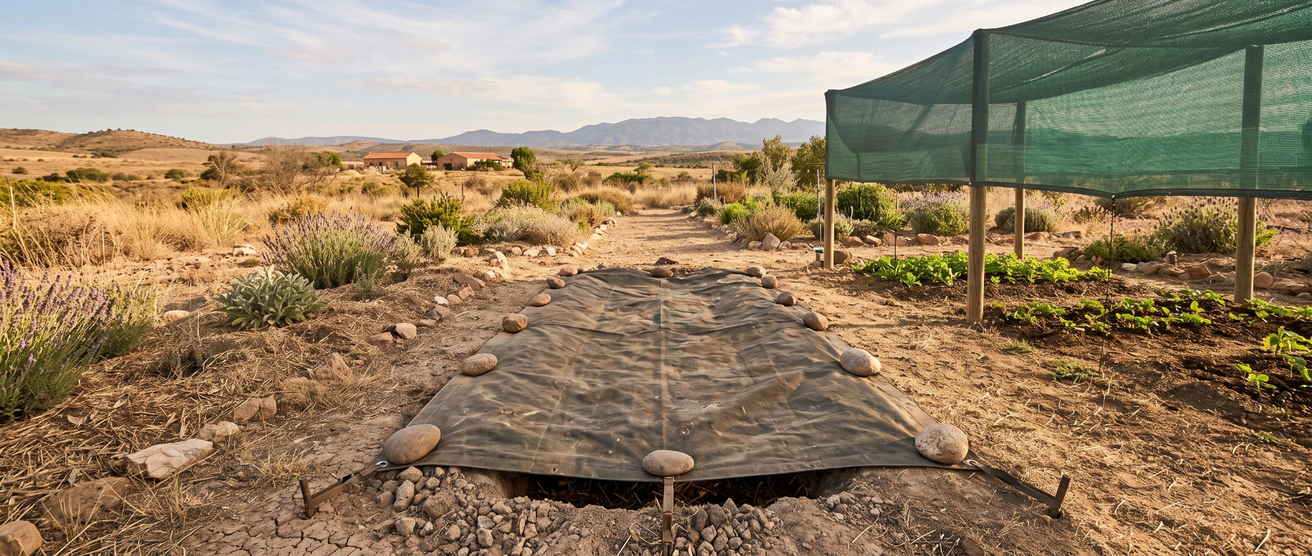 A covered compost pit in a dry garden, with cracked earth and sparse vegetation beyond it