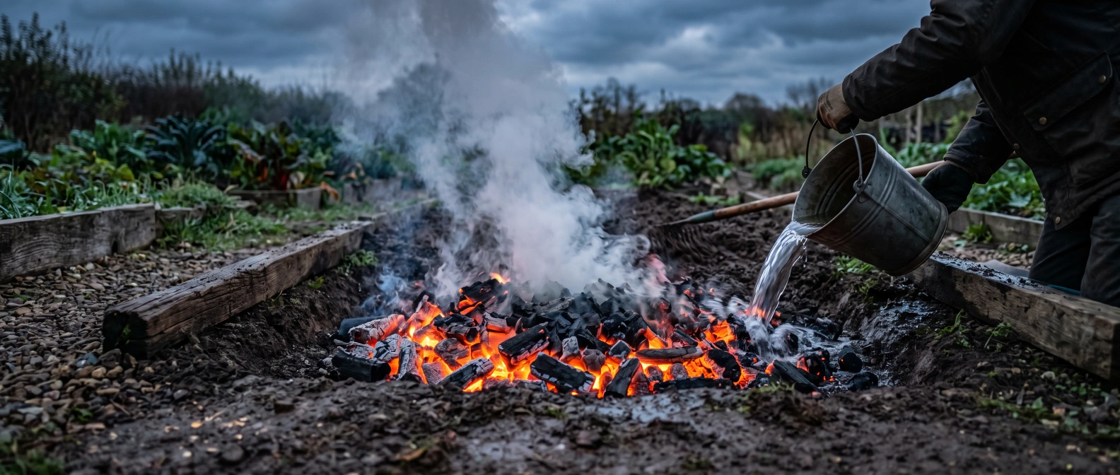 Glowing charcoal being extinguished in a shallow trench, producing biochar