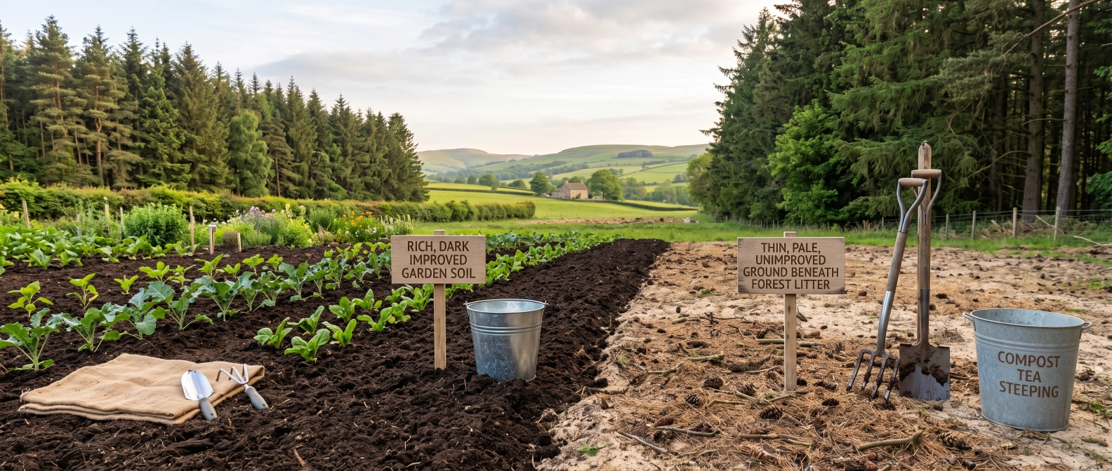 Rich dark improved garden soil next to a patch of thin, pale, unimproved ground beneath coniferous forest litter