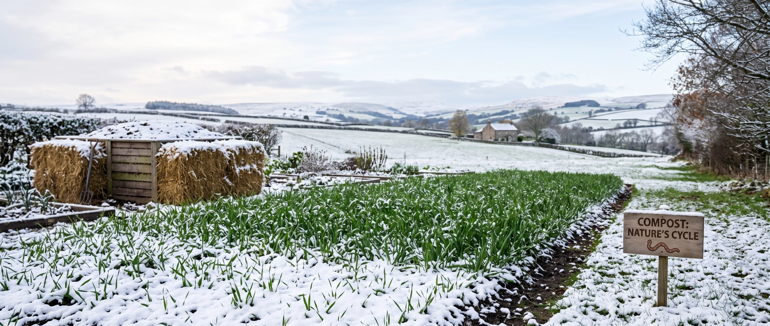 A bed of winter rye growing green through a light dusting of snow at the edge of a garden
