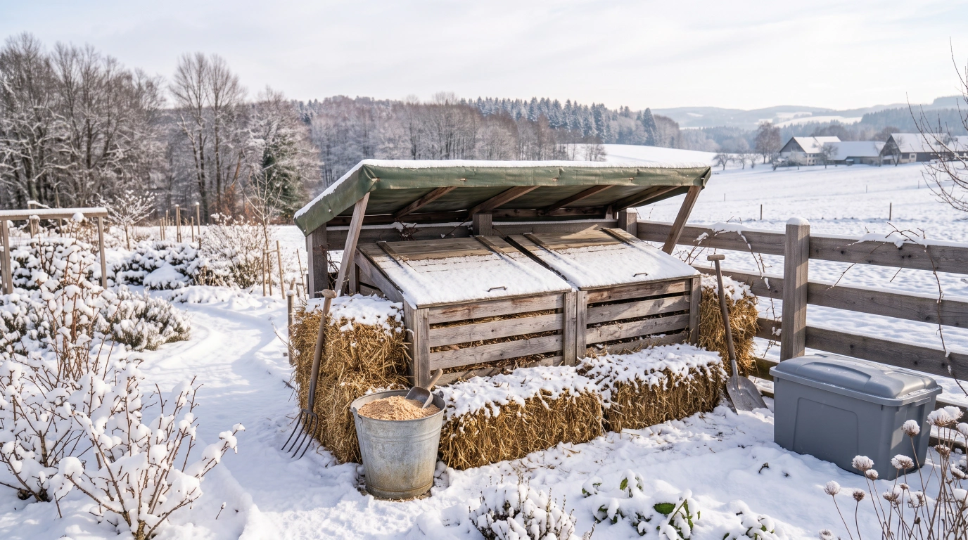 A covered two-bin humanure compost system banked with insulating straw, with a bucket of dry sawdust cover material beside it in a snowy garden