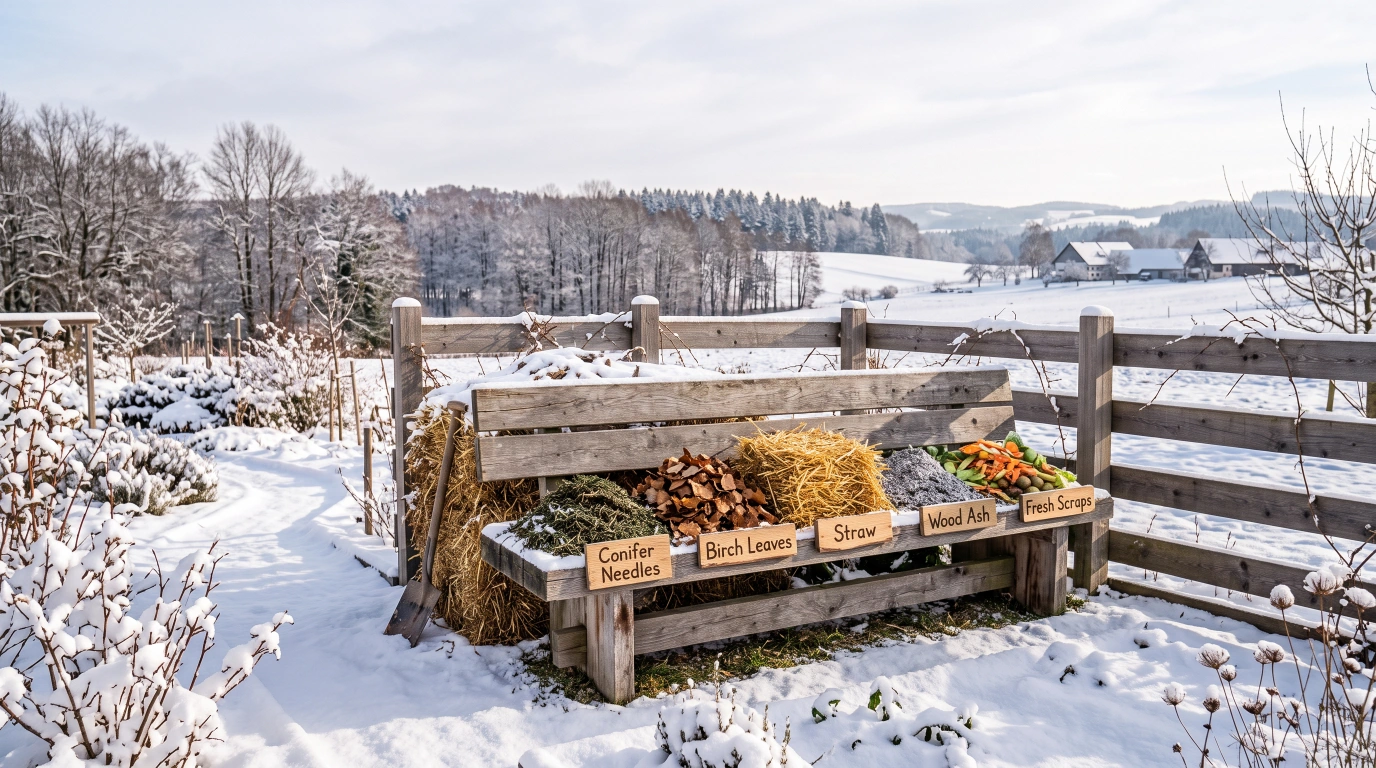 A sorted array of compost materials laid out on a wooden bench: conifer needles, birch leaves, straw, wood ash and fresh kitchen scraps
