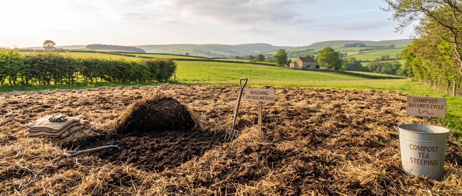 A thick layer of straw and compost mulch on an undug garden bed, with a corner pulled back to show dark thawed soil beneath