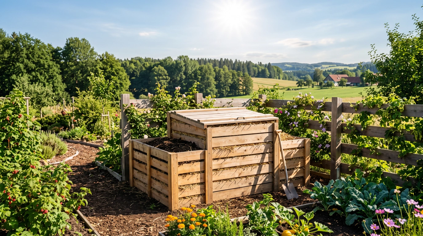 A double-walled timber compost bin built against a windbreak fence in full sun, with a gap between the walls for insulation
