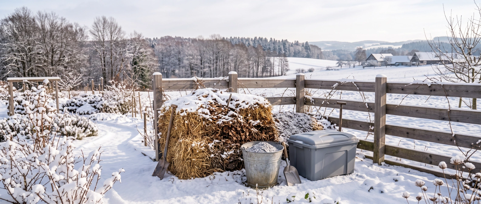 A metal bucket of pale grey woodstove ash beside a covered storage container, with a compost heap dusted lightly with ash in the background