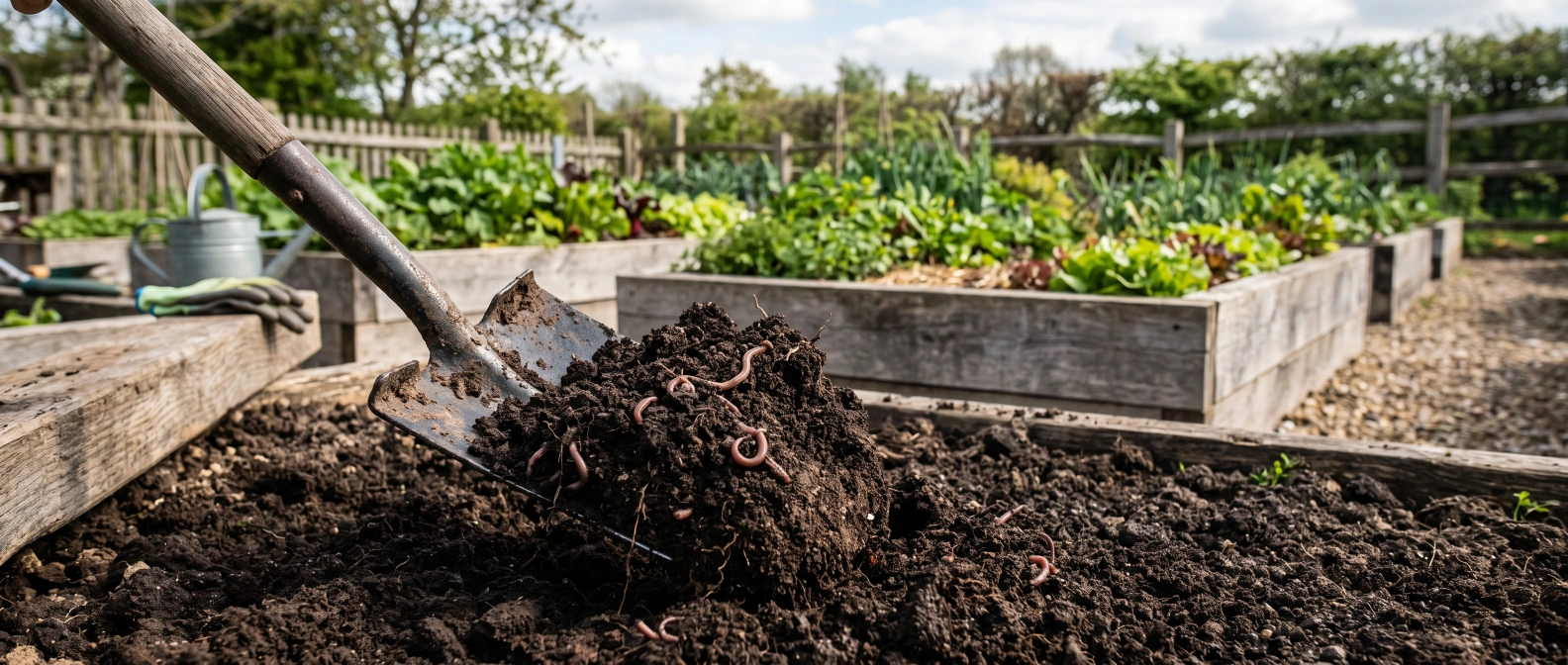 Dark, crumbly, well-structured soil turned over to reveal earthworms and rich compost