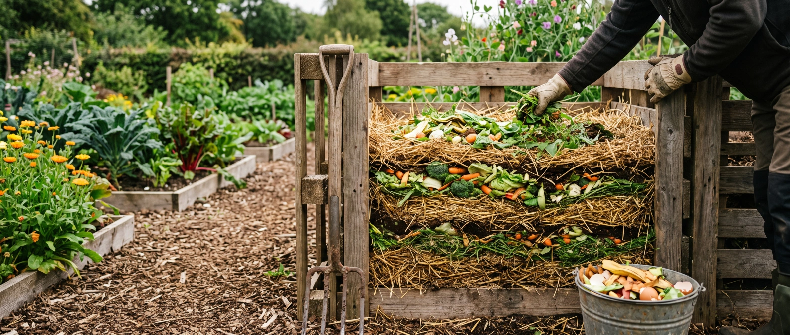 Alternating layers of brown straw and green kitchen waste being built up in a compost bay