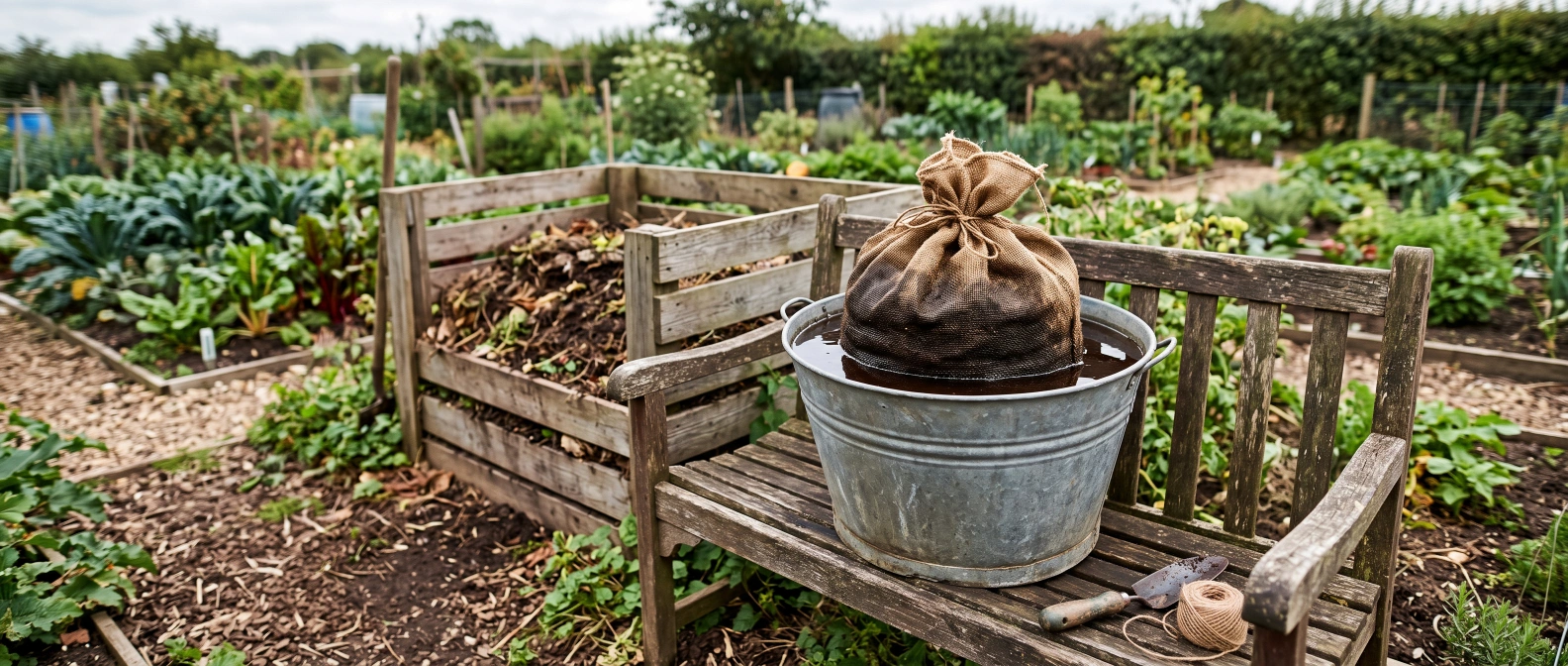 A hessian sack of compost steeping in a bucket of water to make compost tea