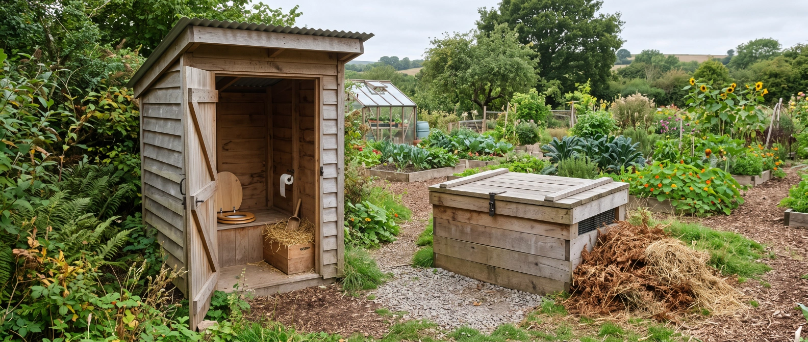 An insulated wooden humanure compost chamber with a bucket toilet and cover material beside it