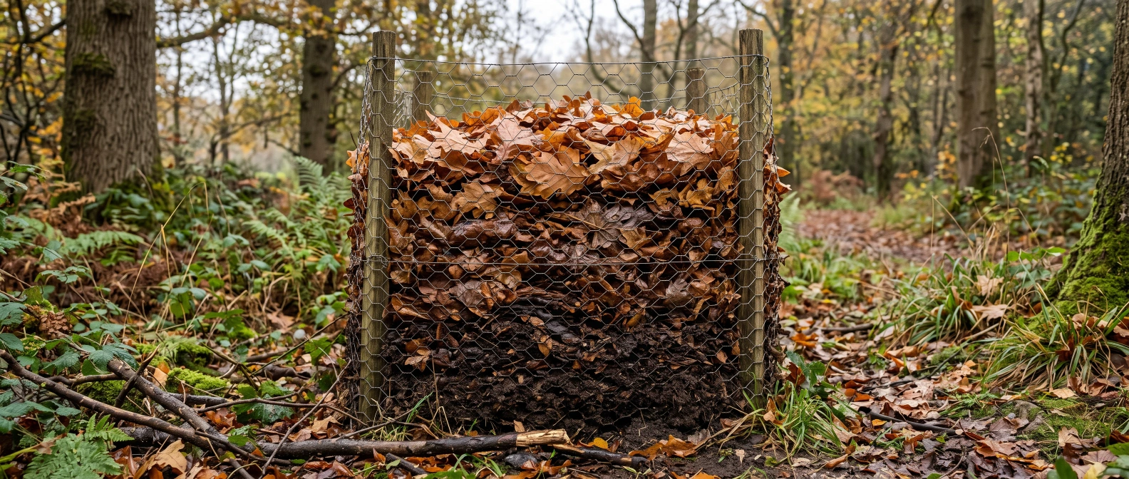 A wire mesh cage full of decomposing autumn leaves turning into dark, crumbly leafmould