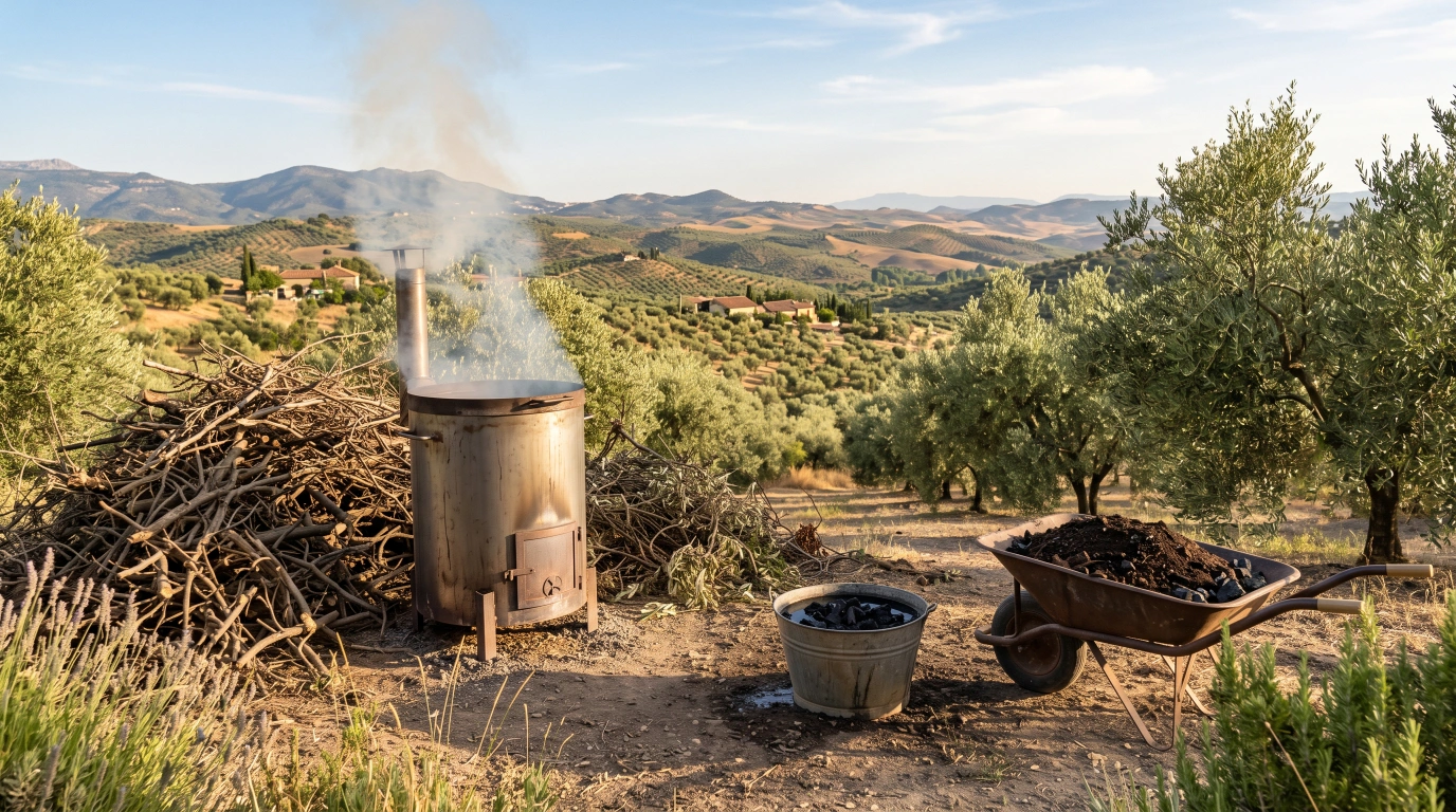 A metal biochar kiln smoking gently beside a heap of woody olive prunings, with a bucket of quenched charcoal and a barrow of finished compost nearby