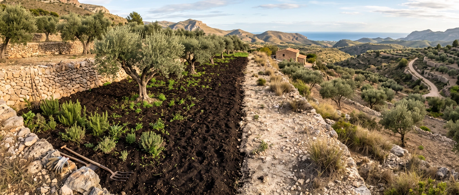 Dark, rich rebuilt topsoil next to a thin, pale, stony patch on an old olive terrace, showing years of compost improvement