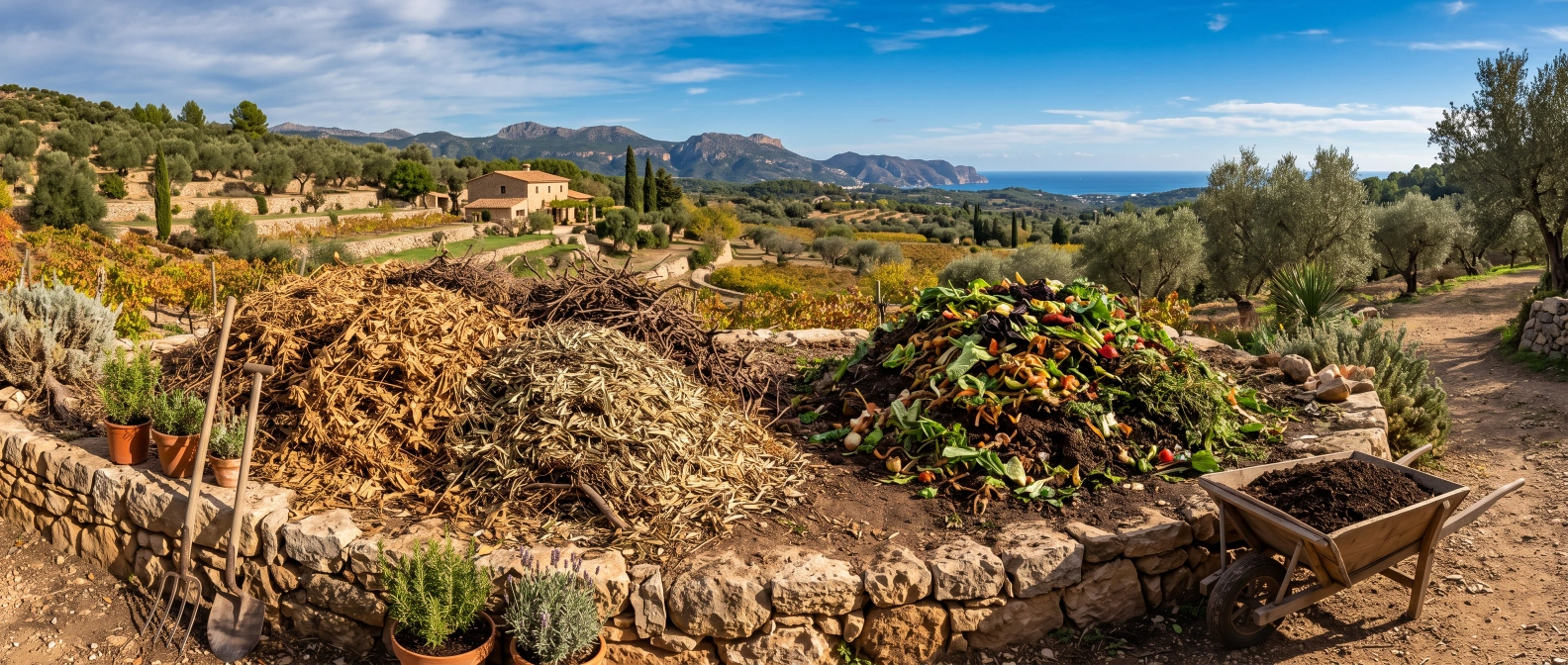 A stockpile of dried olive leaves and grape prunings beside a fresh pile of wet-season kitchen scraps and garden clippings