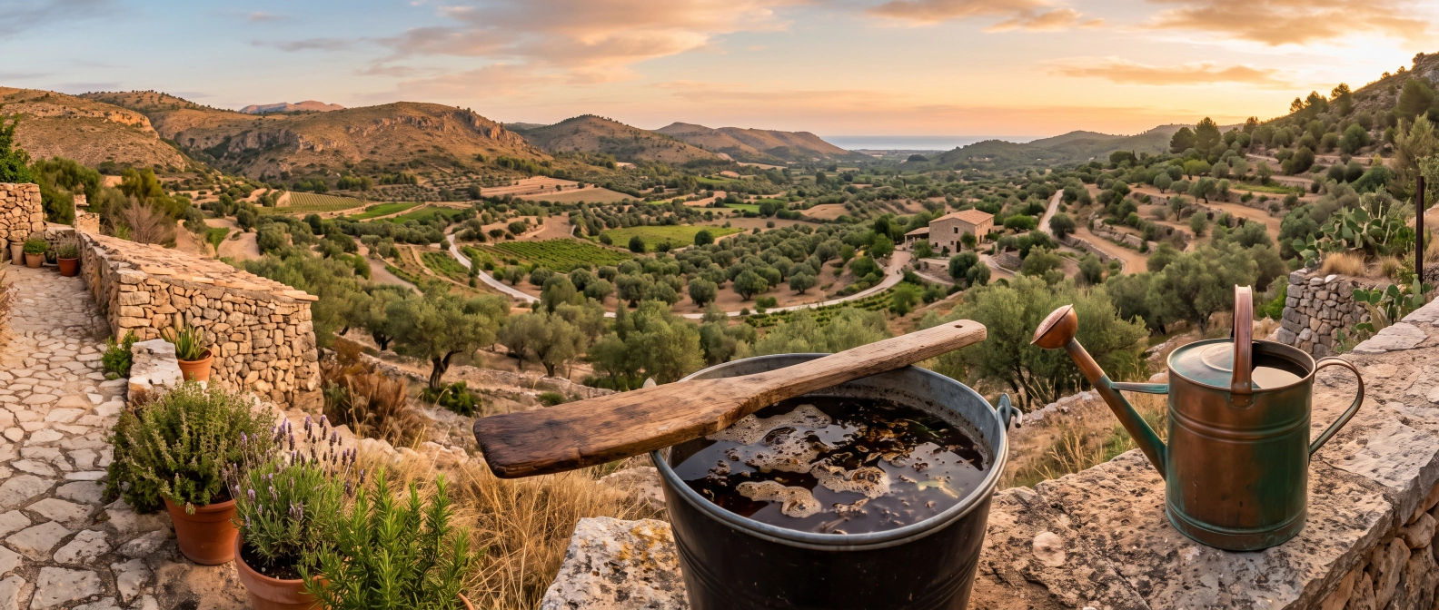 A bucket of dark compost tea steeping with a wooden paddle resting across it, beside a watering can in early morning light