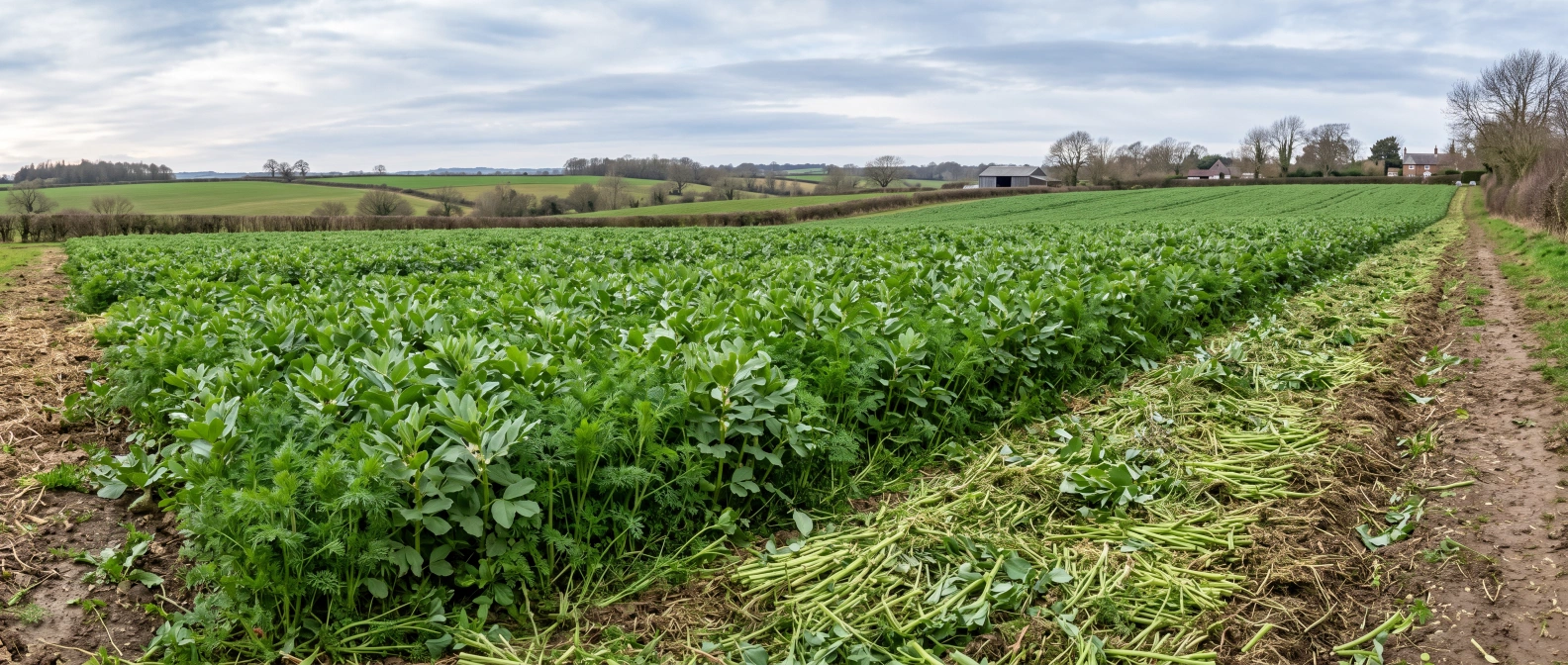 A winter cover crop of fava beans and vetch growing thick across a bed, cut stems left as chop-and-drop mulch at the edge