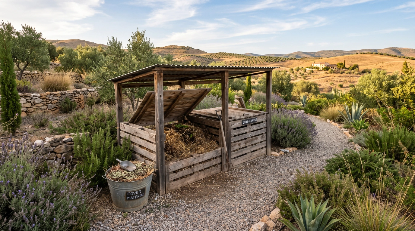 A covered two-bin humanure compost system in a dry Mediterranean garden, with a bucket of dried olive leaves used as cover material beside it