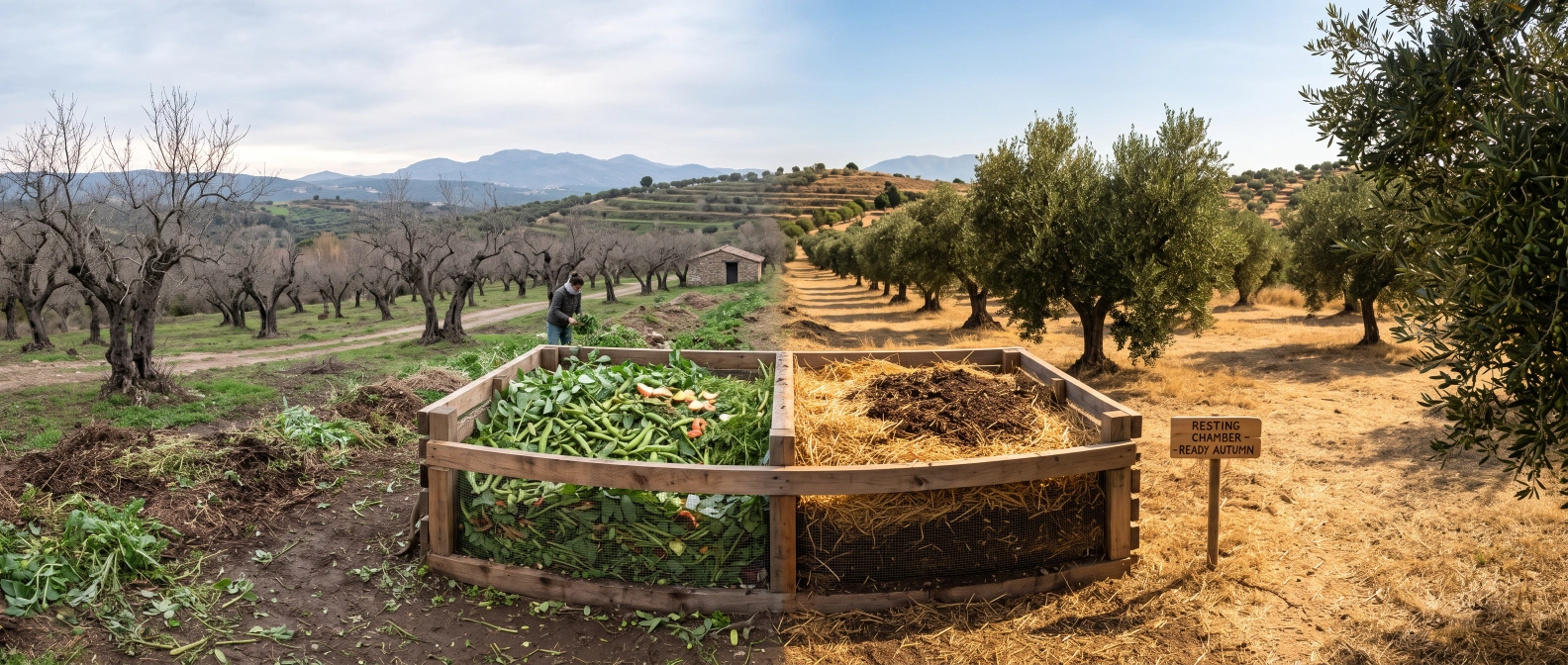 A two-chamber compost system in an olive grove shown across seasons, one chamber freshly built with winter greens, the other resting and mulched for summer