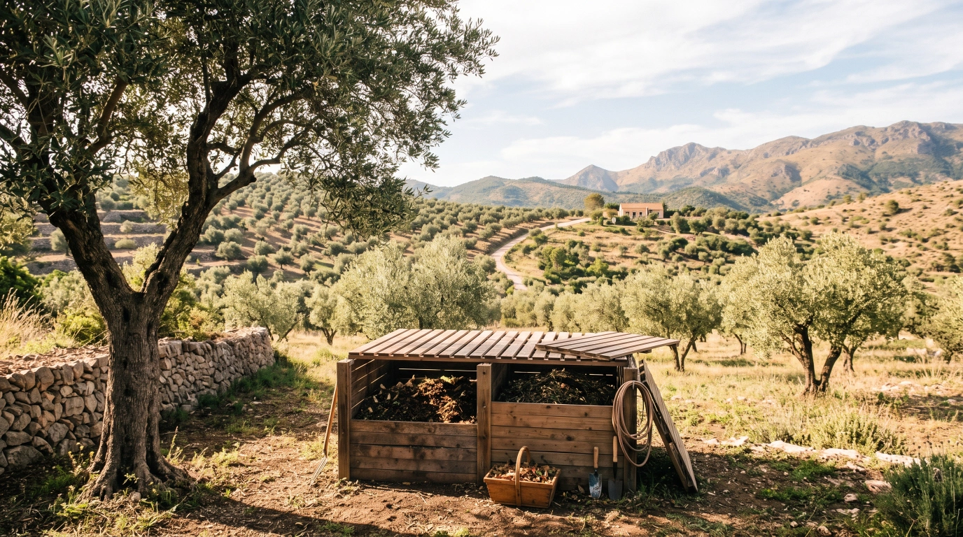 A timber compost bin on level ground beside a stone terrace wall, partly shaded by an olive tree, with a slatted removable roof