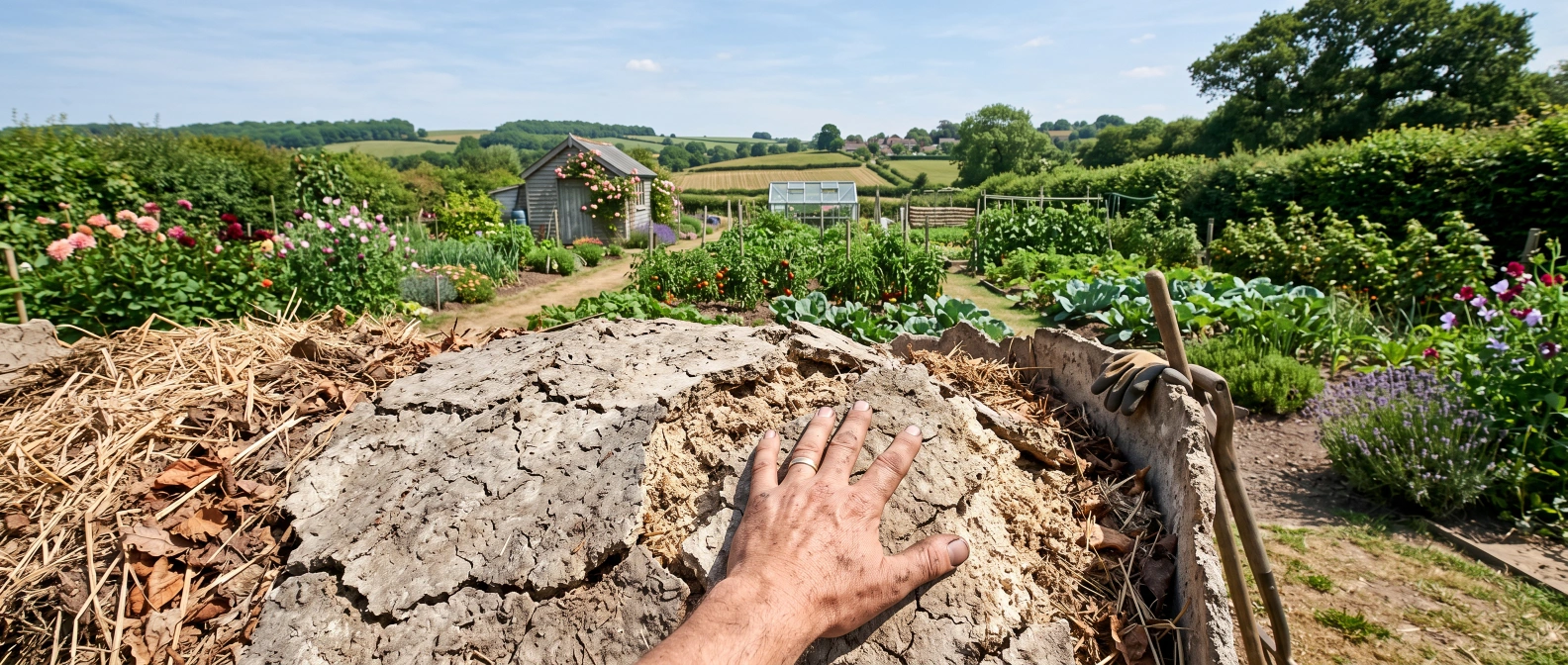 A gardener's hand pressing into a dry, pale compost heap that has crusted over in the summer sun
