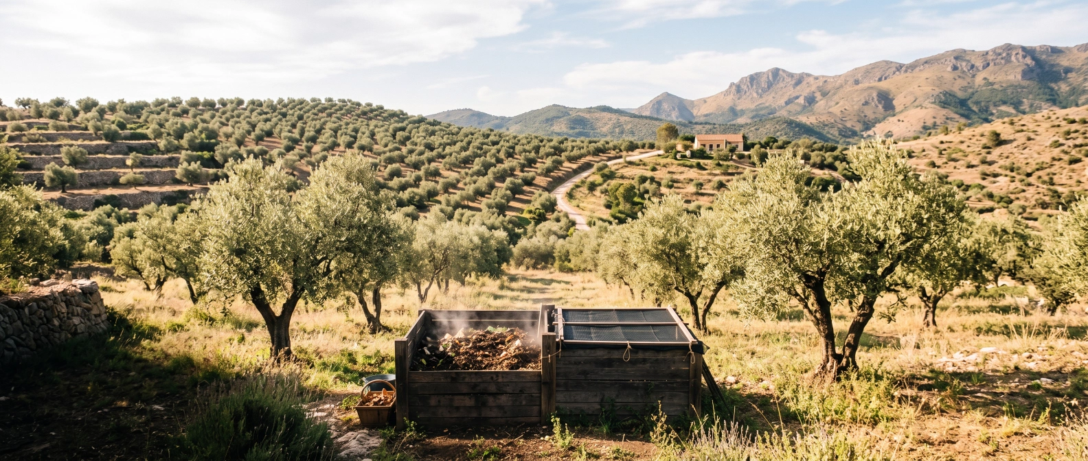 A compost heap among sun-bleached olive terraces, half in shade, with dry summer hills visible behind