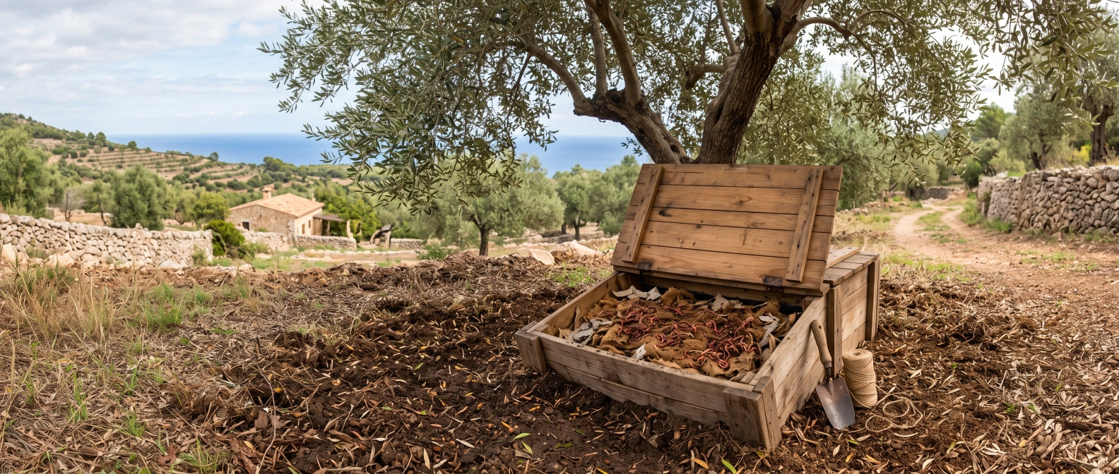 A worm bin partly buried in shaded soil beneath an olive tree, its lid lifted to show red wiggler worms in damp bedding