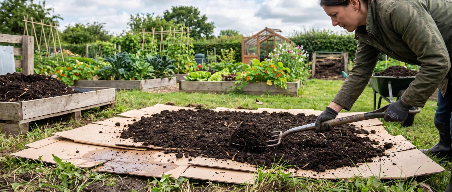 A thick layer of compost spread over cardboard to form a new no-dig bed