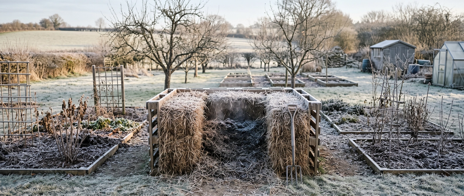 A straw-insulated compost bay in a frosty winter garden with bare fruit trees behind