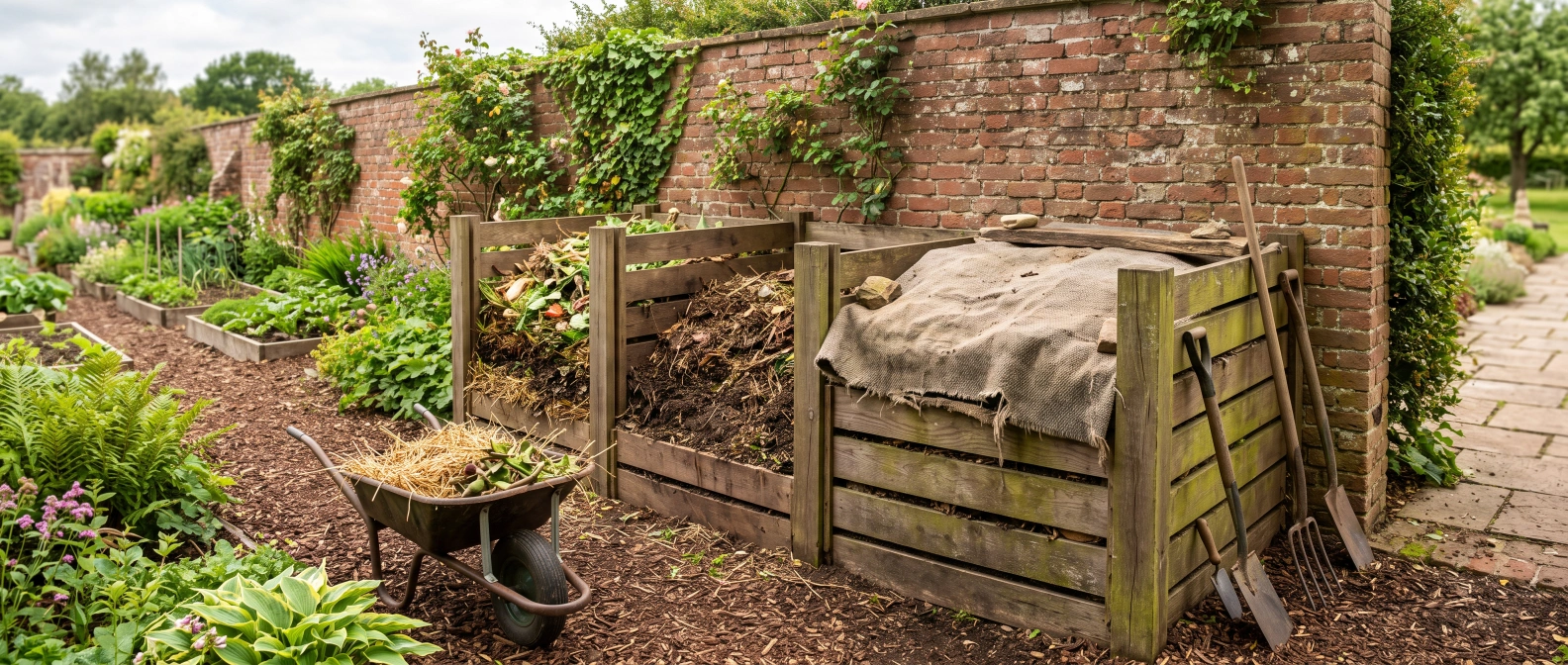 A three-bay wooden compost system built against a south-facing wall, covered with old carpet