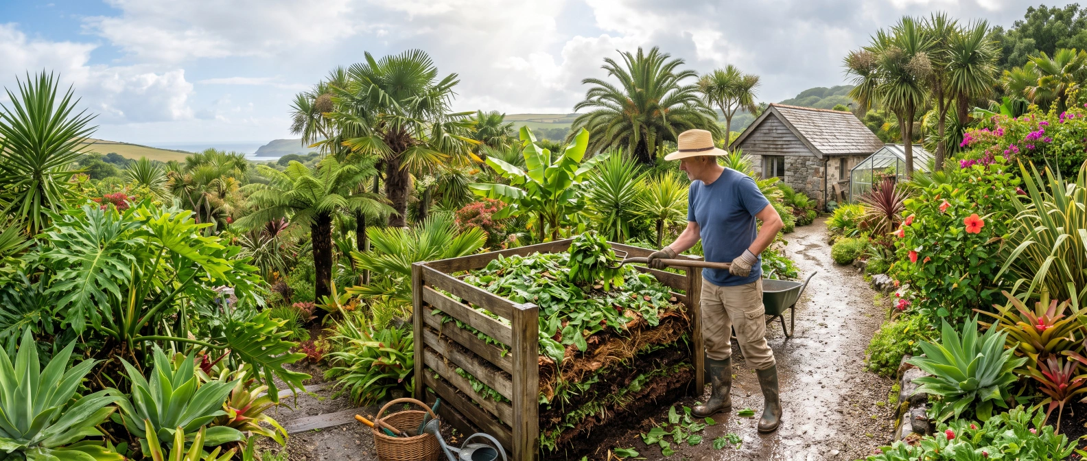 A gardener layering chopped comfrey leaves and legume trimmings into a compost heap in a subtropical garden after a rain shower