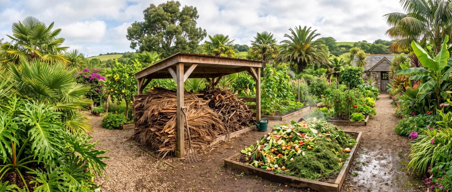 A stockpile of dried palm fronds and citrus prunings under cover beside a fresh pile of green kitchen scraps and grass clippings